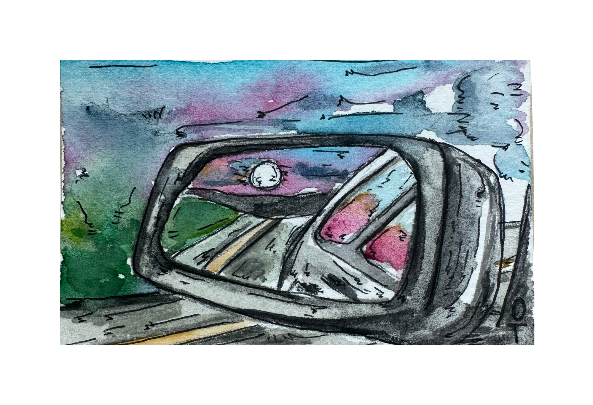 Car Rearview Window at Sunset Mini Original Painting