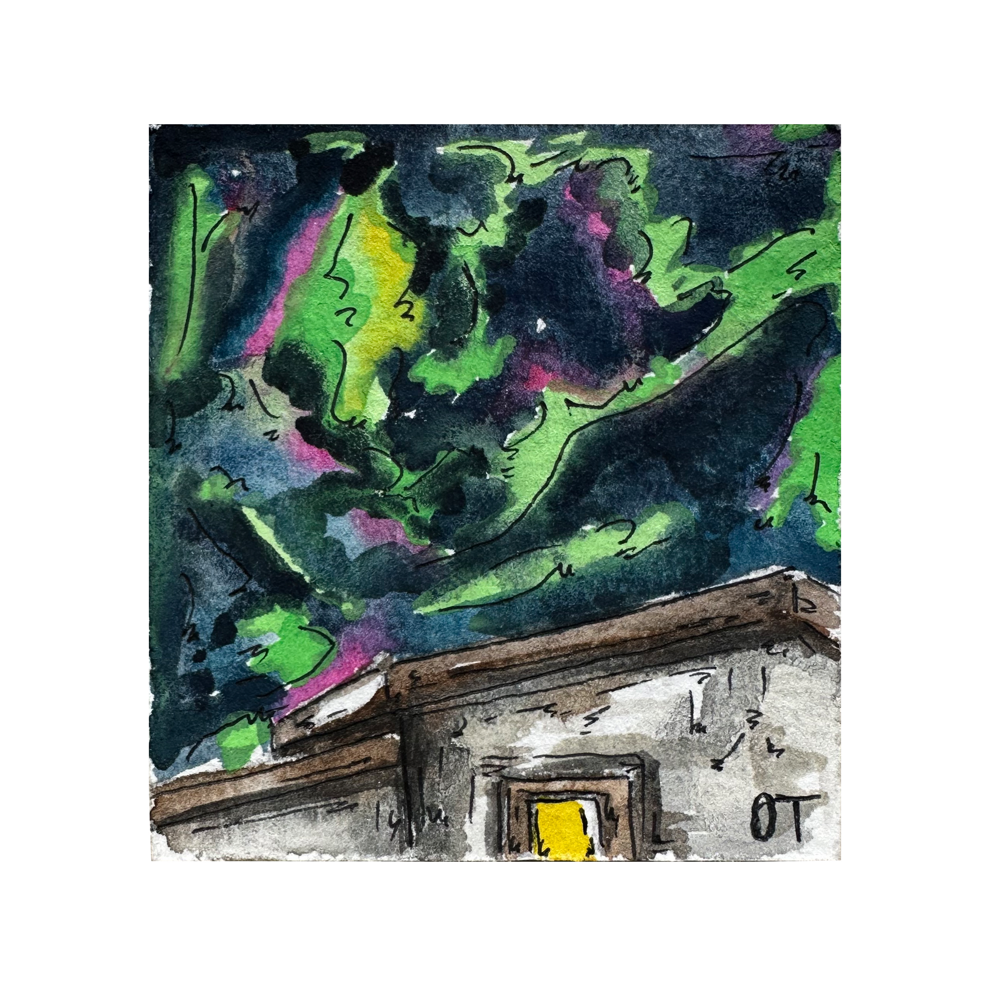 Northern Lights With Cabin Mini Original Painting