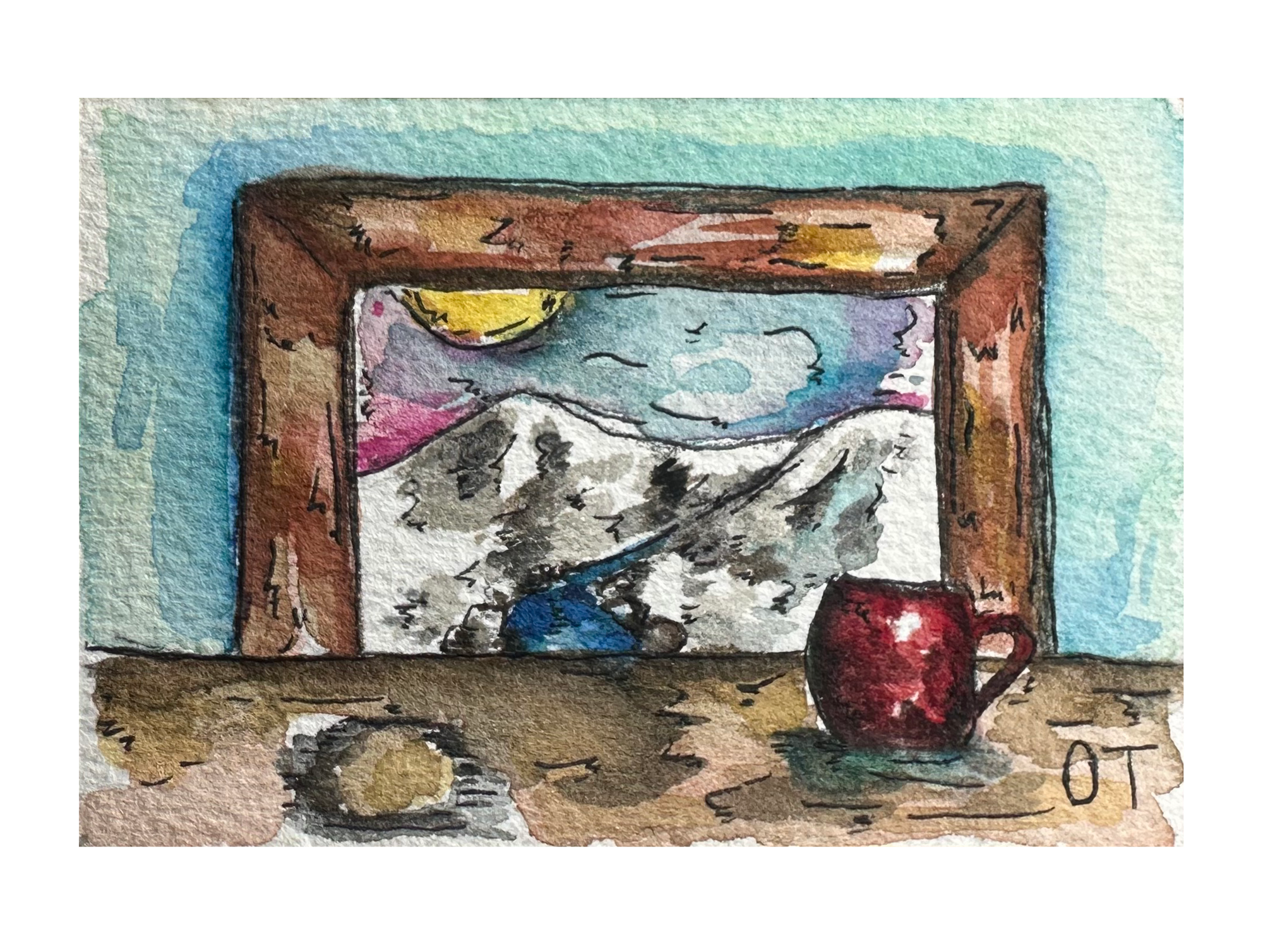 Mug Against Mountainscape Mini Original Painting